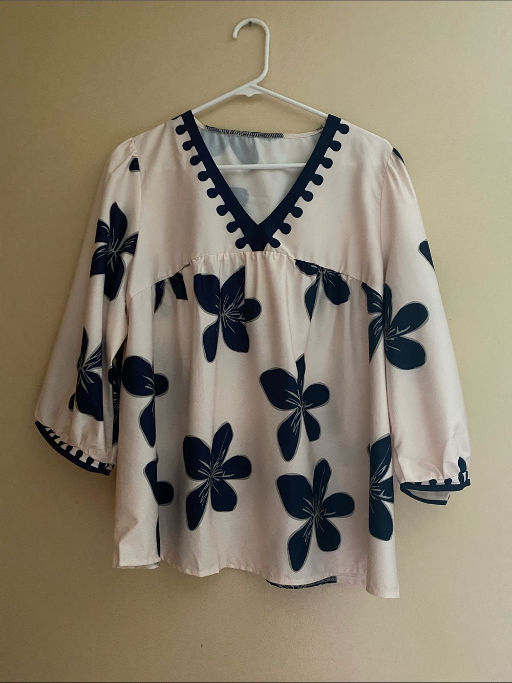 Women's Pink Floral V-Neck Blouse with Navy Trim